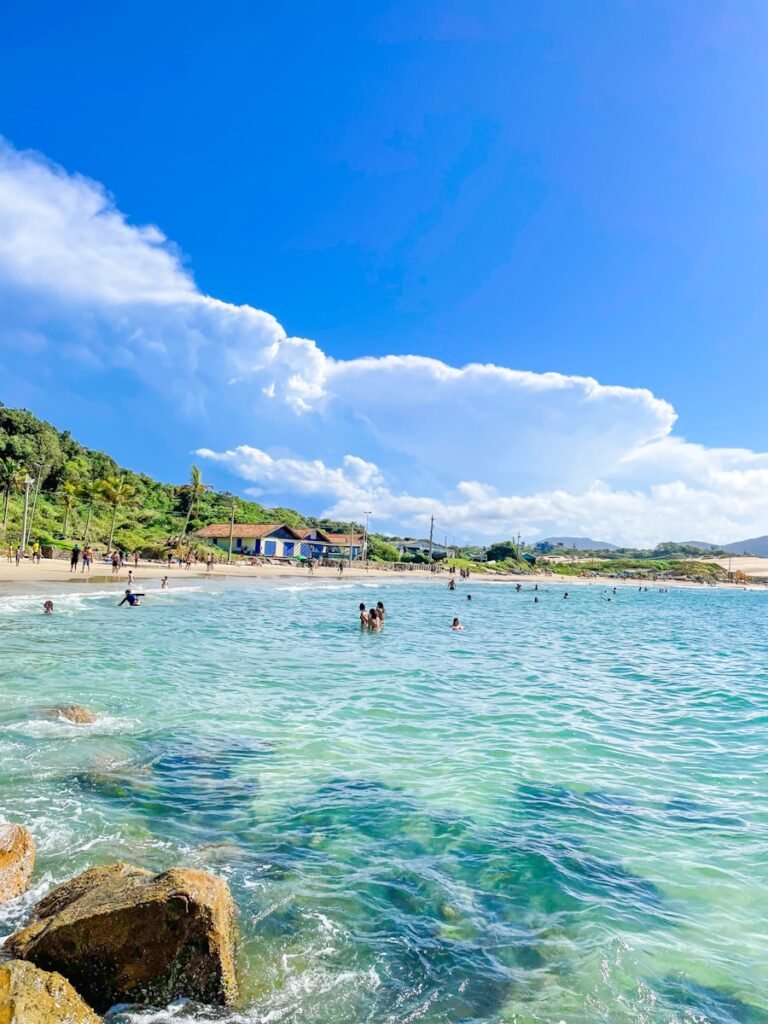 a beach with people swimming